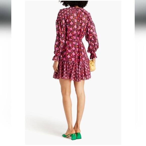 Saloni Pixie Silk Chiffon Floral Print Ruffled Mini Dress Size 6 Pink Red - Picture 3 of 16